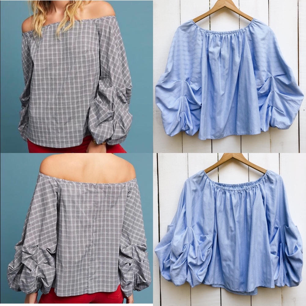Anthropologie Maeve Gridwork Off The Shoulder Check Top Blouse Gingham Checkered